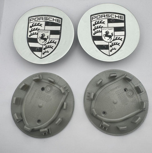 SET OF 4 PORSCHE Silver Black ALLOY WHEEL CENTRE CAPS 76MM Fit 911, Cayman, Boxster