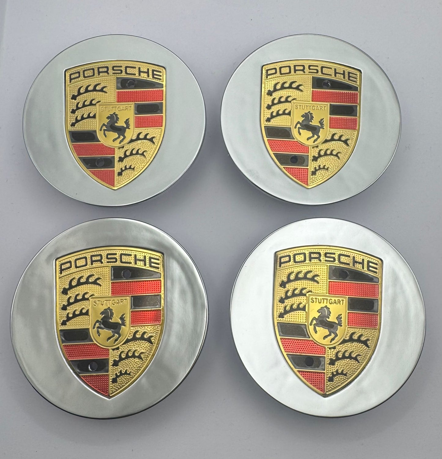 SET OF 4 PORSCHE Silver Gloss ALLOY WHEEL CENTRE CAPS 76MM Fit 911, Cayman, Boxster