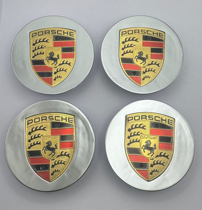 SET OF 4 PORSCHE Silver Gloss ALLOY WHEEL CENTRE CAPS 76MM Fit 911, Cayman, Boxster