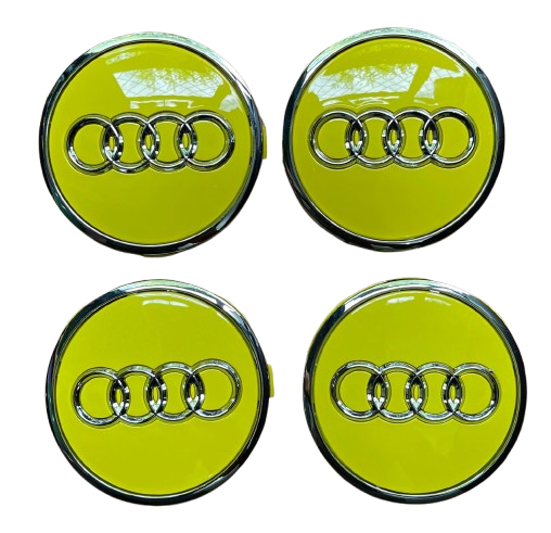 SET OF 4 AUDI YELLOW SILVER ALLOY WHEEL CENTRE CAPS WITH CHROME RING   61MM (4M0601170) Fit A3 A4 A5