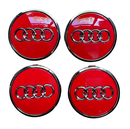 SET OF 4 AUDI Red ALLOY WHEEL CENTRE CAPS WITH CHROME RING   61MM (4M0601170) Fit A3 A4 A5