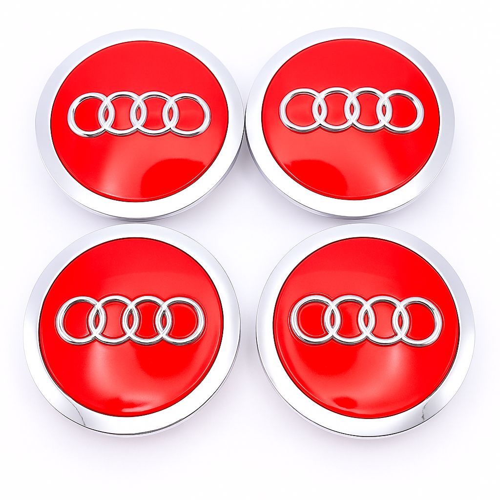 SET OF 4 AUDI RED ALLOY WHEEL CENTRE CAPS WITH CHROME RING 69MM (4B060117A) Fit A3 A4 A5