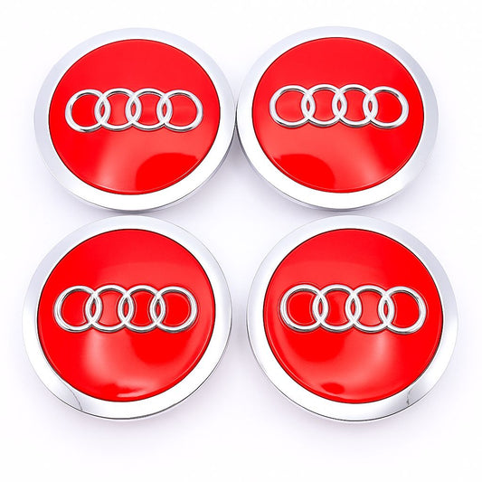 SET OF 4 AUDI RED ALLOY WHEEL CENTRE CAPS WITH CHROME RING 69MM (4B060117A) Fit A3 A4 A5