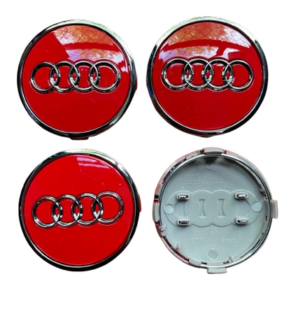 SET OF 4 AUDI Red ALLOY WHEEL CENTRE CAPS WITH CHROME RING   61MM (4M0601170) Fit A3 A4 A5