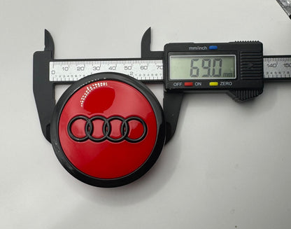 SET OF 4 AUDI RED BLACK ALLOY WHEEL CENTRE CAPS WITH CHROME RING 69MM (4B060117A) Fit A3 A4 A5