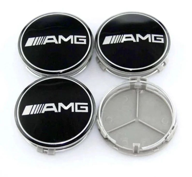 SET OF 4 MERCEDES Black AMG ALLOY WHEEL CENTRE CAPS 75MM Fit A CLASS, C CLASS, E CLASS, S CLASS, AMG