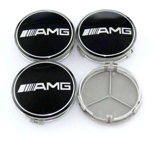 SET OF 4 MERCEDES Black AMG ALLOY WHEEL CENTRE CAPS 75MM Fit A CLASS, C CLASS, E CLASS, S CLASS, AMG