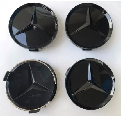 SET OF 4 MERCEDES Full Black Gloss ALLOY WHEEL CENTRE CAPS 75MM Fit A CLASS, C CLASS, E CLASS, S CLASS, AMG
