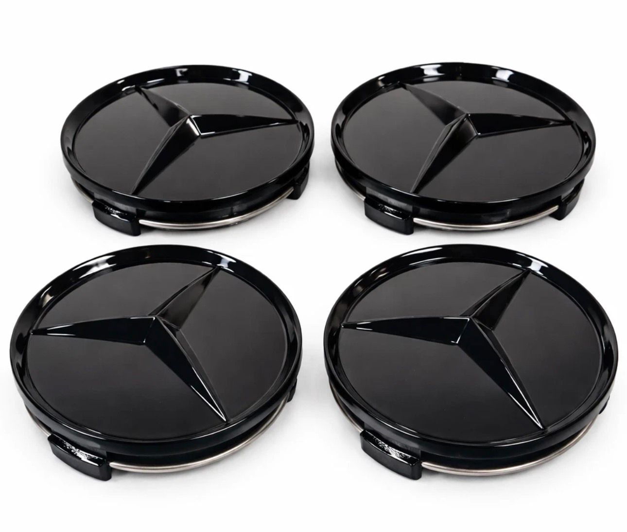 SET OF 4 MERCEDES Full Black Gloss ALLOY WHEEL CENTRE CAPS 75MM Fit A CLASS, C CLASS, E CLASS, S CLASS, AMG