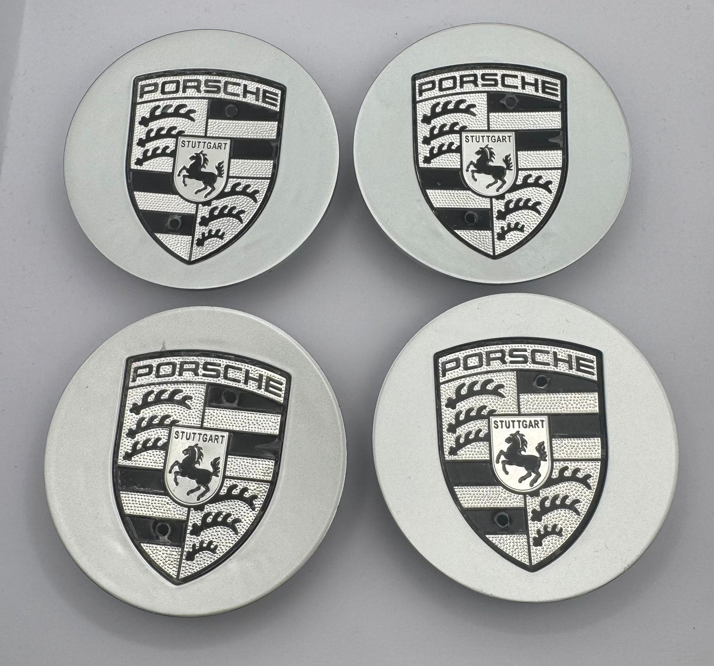 SET OF 4 PORSCHE Silver Black ALLOY WHEEL CENTRE CAPS 76MM Fit 911, Cayman, Boxster