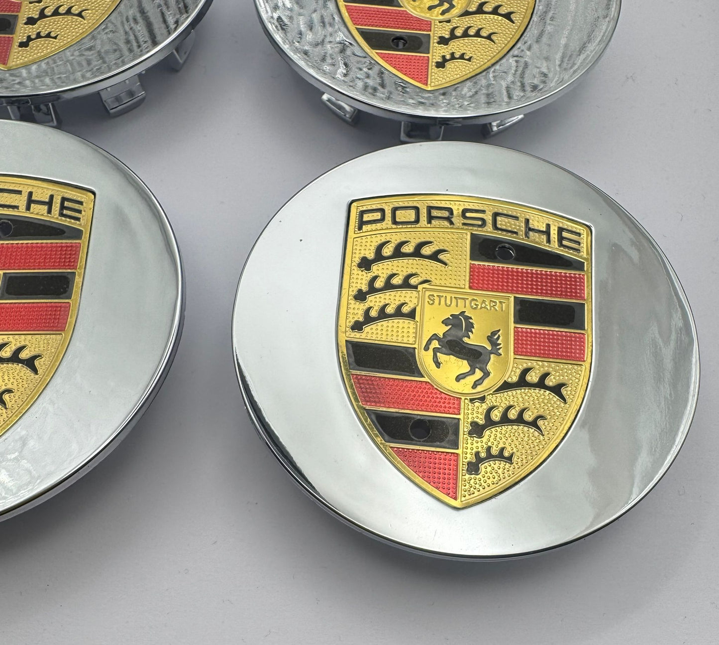 SET OF 4 PORSCHE Silver Gloss ALLOY WHEEL CENTRE CAPS 76MM Fit 911, Cayman, Boxster