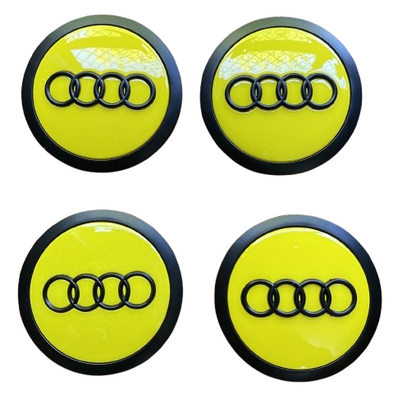 SET OF 4 AUDI YELLOW ALLOY WHEEL CENTRE CAPS WITH Black RING 69MMFit A3 A4 A5