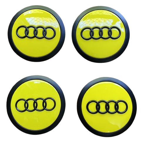 SET OF 4 AUDI YELLOW ALLOY WHEEL CENTRE CAPS WITH Black RING 69MMFit A3 A4 A5