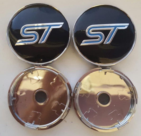 SET OF 4 FORD ST Blue ALLOY WHEEL CENTRE CAPS 60mm
