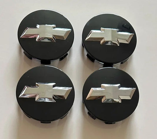 Set Of 4 Black Gloss Chevy Wheel Center Caps With Chrome Emblem – Fits Silverado Tahoe