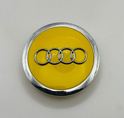 SET OF 4 AUDI YELLOW ALLOY WHEEL CENTRE CAPS WITH CHROME RING 69MM (4B060117A) Fit A3 A4 A5