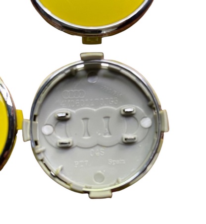 SET OF 4 AUDI YELLOW SILVER ALLOY WHEEL CENTRE CAPS WITH CHROME RING   61MM (4M0601170) Fit A3 A4 A5